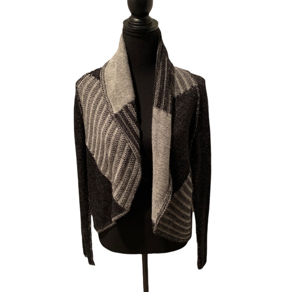 CAbi Patchwork Wool Blend Cardigan Black & Gray Medium